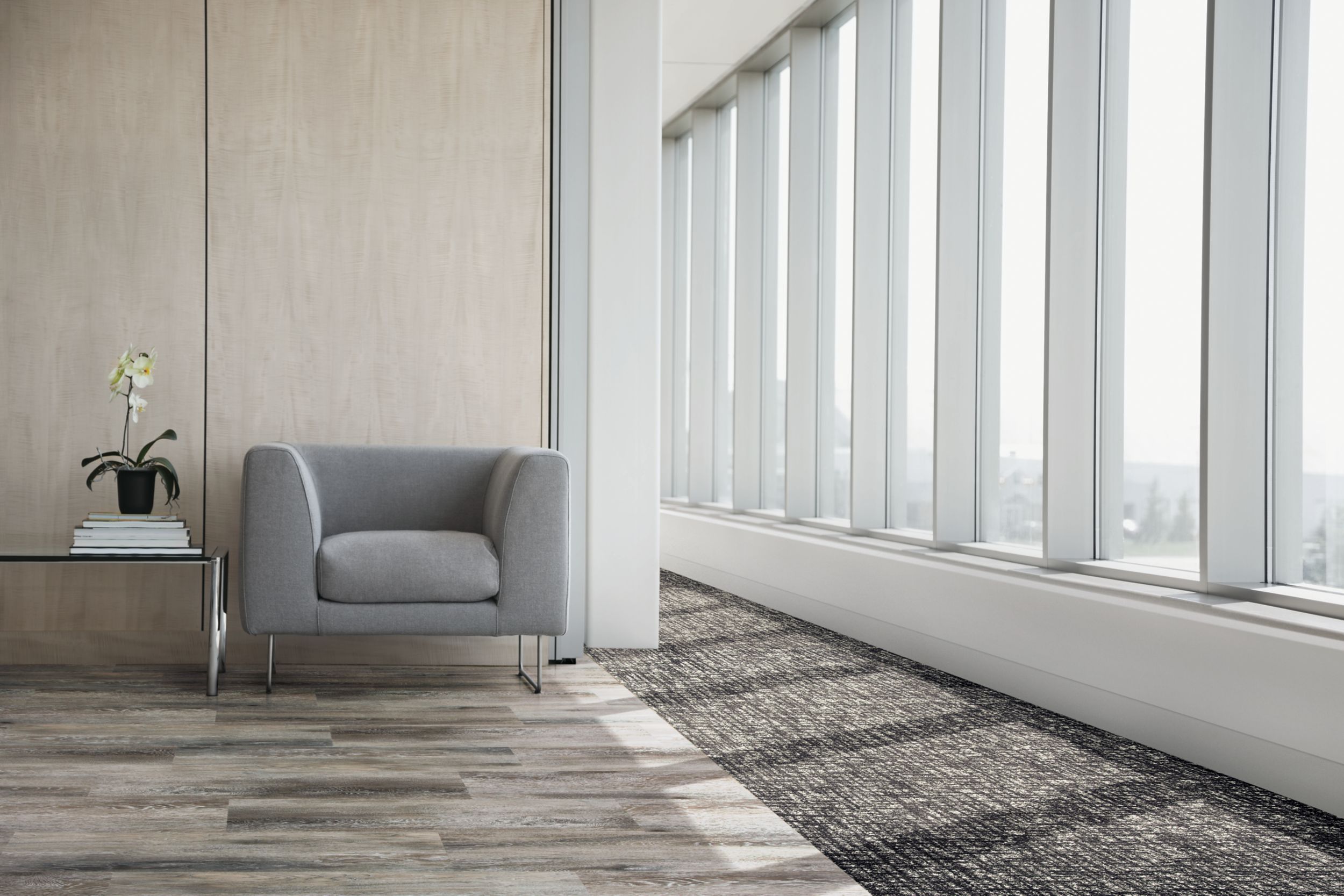 Interface Textured Woodgrains LVT and WW890 carpet tile in Lobby Setting with chair and table afbeeldingnummer 5